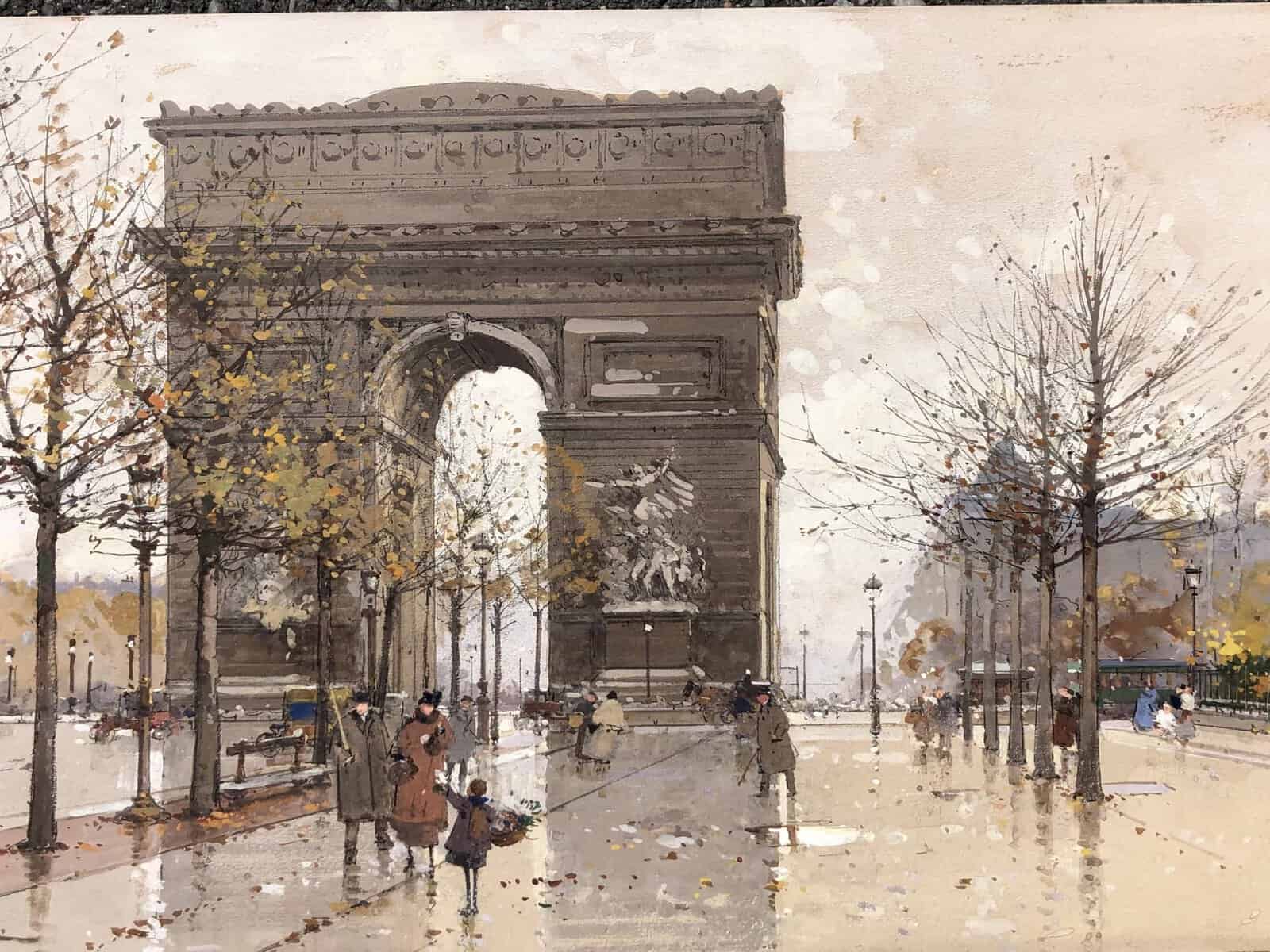 GALIEN LALOUE Eugène Peinture Française 20è siècle Paris Animation sur les Champs Elysées et l’Arc de Triomphe Gouache Signée - Image 4