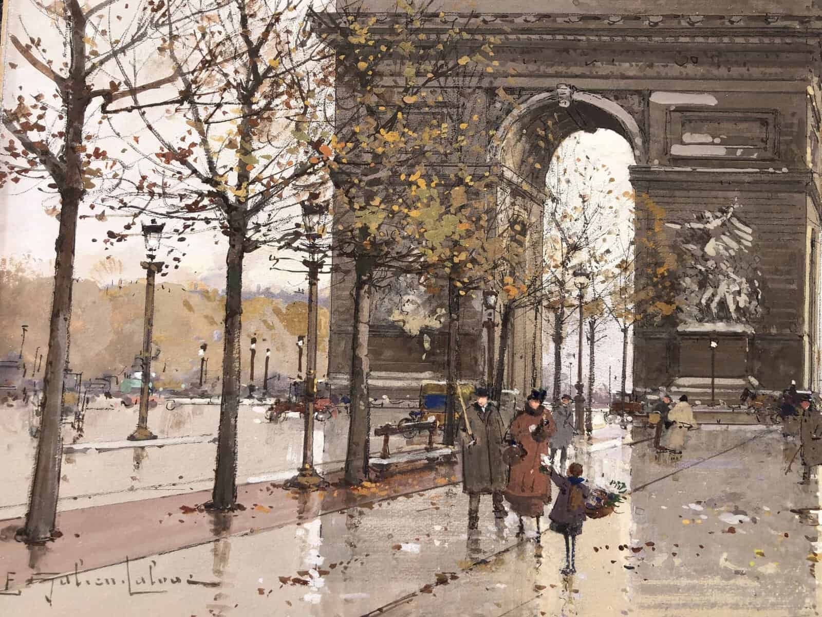 GALIEN LALOUE Eugène Peinture Française 20è siècle Paris Animation sur les Champs Elysées et l’Arc de Triomphe Gouache Signée - Image 5
