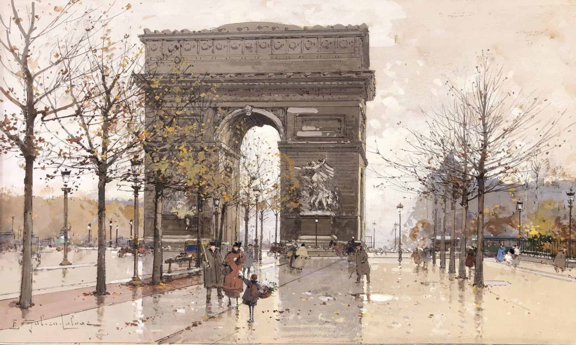 GALIEN LALOUE Eugène Peinture Française 20è siècle Paris Animation sur les Champs Elysées et l’Arc de Triomphe Gouache Signée - Image 6
